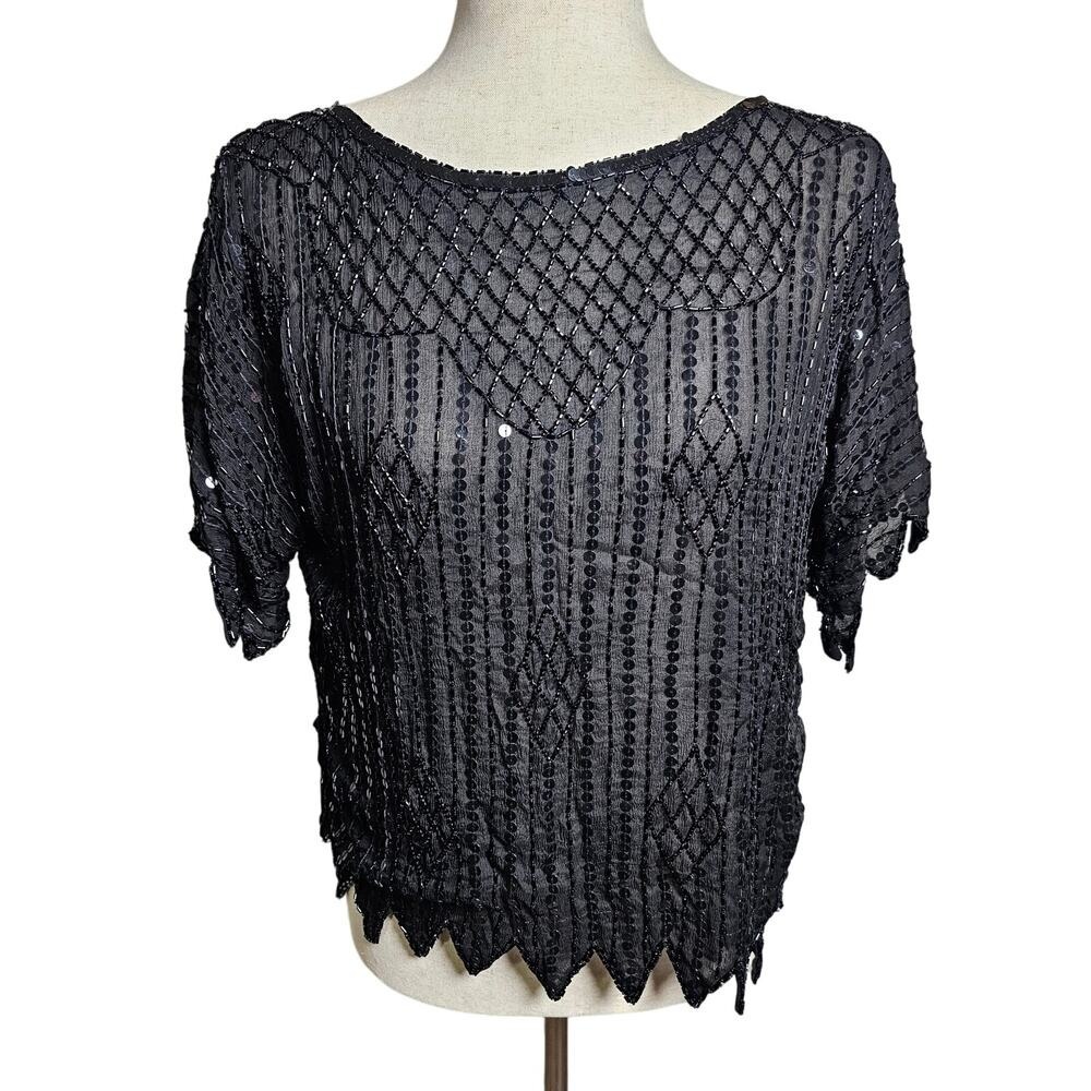 Caren Charles Vintage Black Silk Beaded Scalloped Special Occasion Top Large